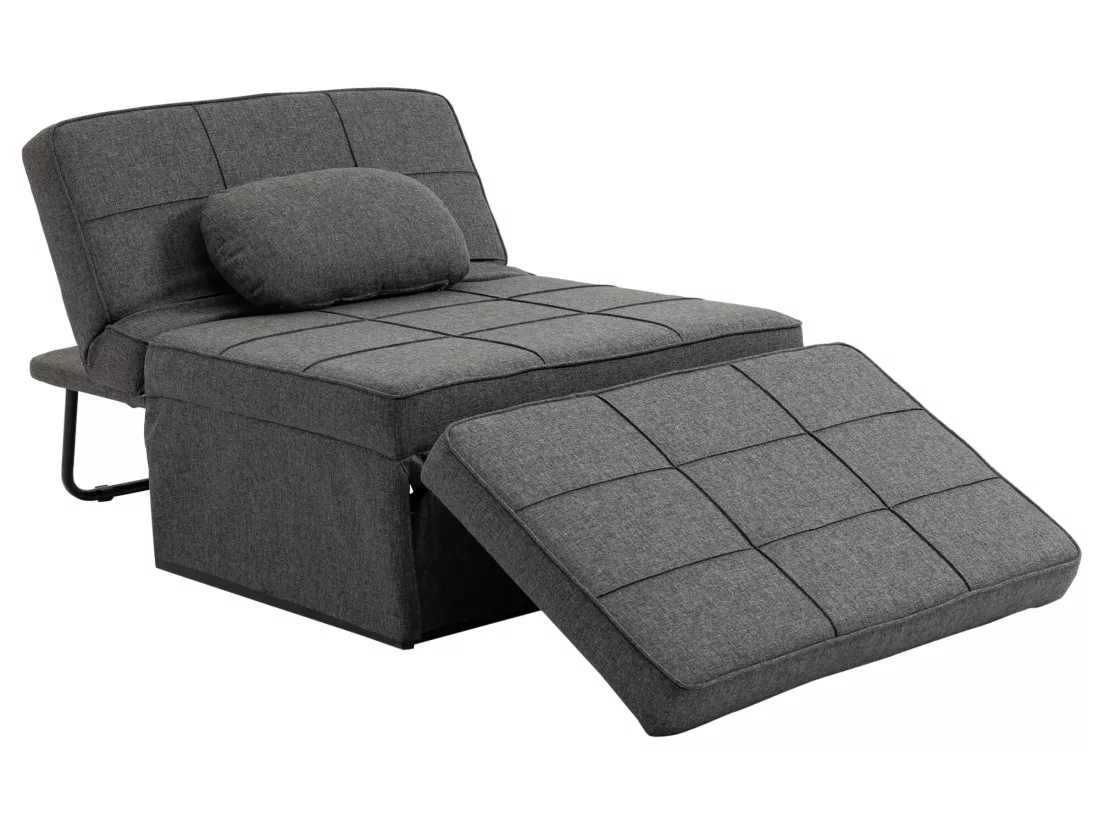 Fauteuil chauffeuse chaise longue pouf 3 en 1 dossier inclinable 5 niveaux repose-pied rabattable châssis métal noir lin gris