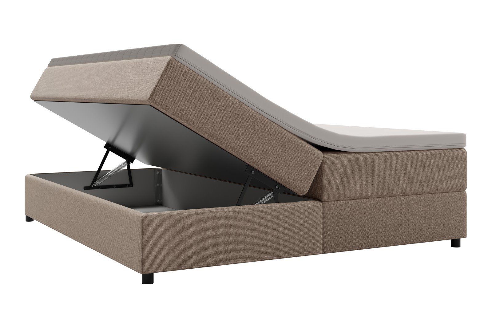 Premium 10 oppbevaringsseng 180x200 cm Magasinseng med oppbevaring, åpnes fra siden. I tekstil storm 06 mørk beige, med medium fasthetsgrad og premium 10 overmadrass,sorte ben. Sengegavl selges separat.
