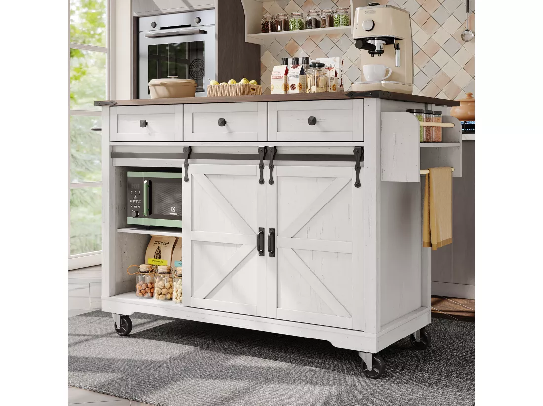 Ilot central de cuisine mobile avec 2 portes coulissantes et 3 tiroirs - plateau extensible - 140 x 45/73 x 92.5 cm - Bois MDF + métal - Blanc + naturel