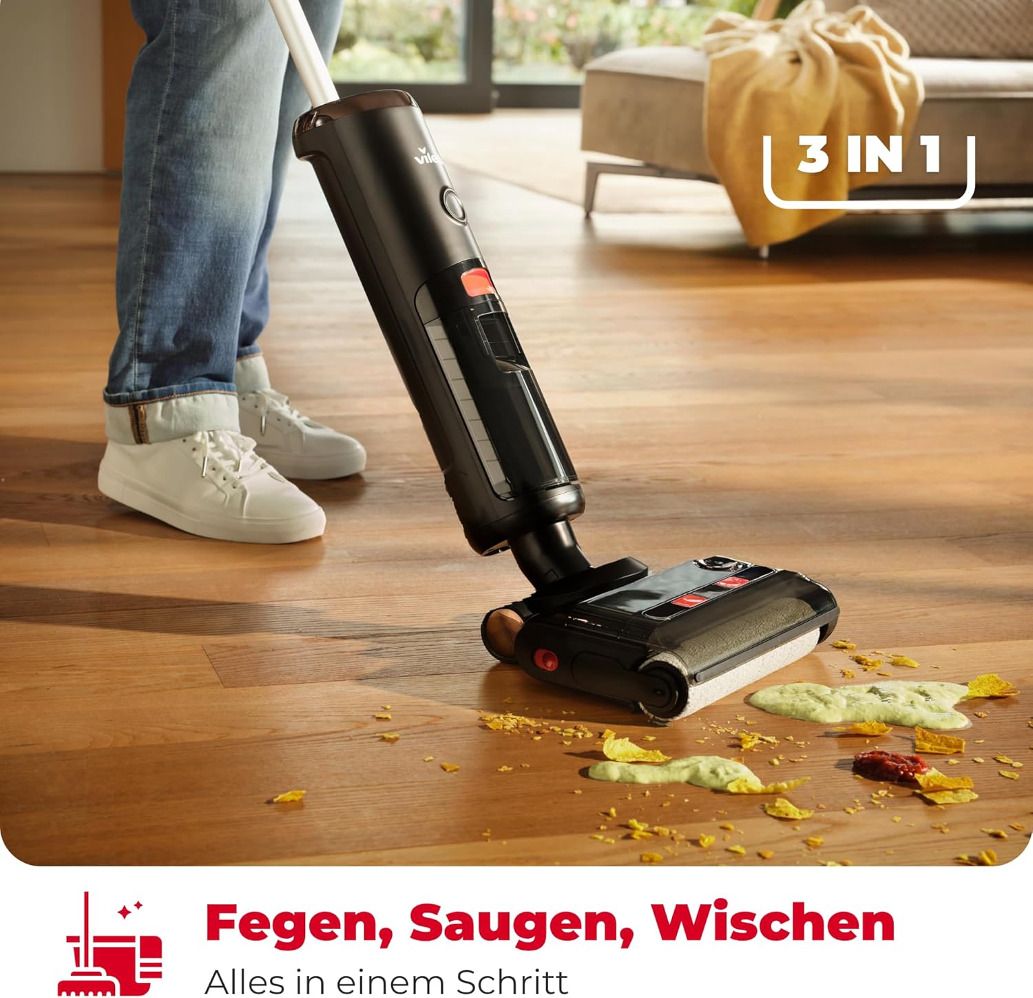 Vileda PureClean S5 Plus - Kabelloser Nass- & Trockensauger mit Zubehör - 3-in-1 Kehren, Saugen & Wischen, 30 Min Akkulaufzeit für 180 m2 Fläche, LED-Anzeige, Schwarz/Silber