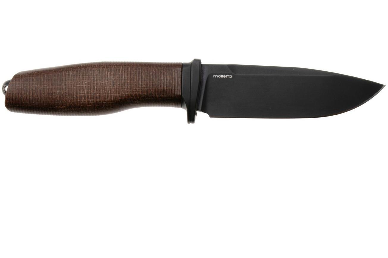 LionSteel Acha AH B BLN Blackwashed M390, Natural Burlap Micarta, Black Titanium Guard, vaststaand mes