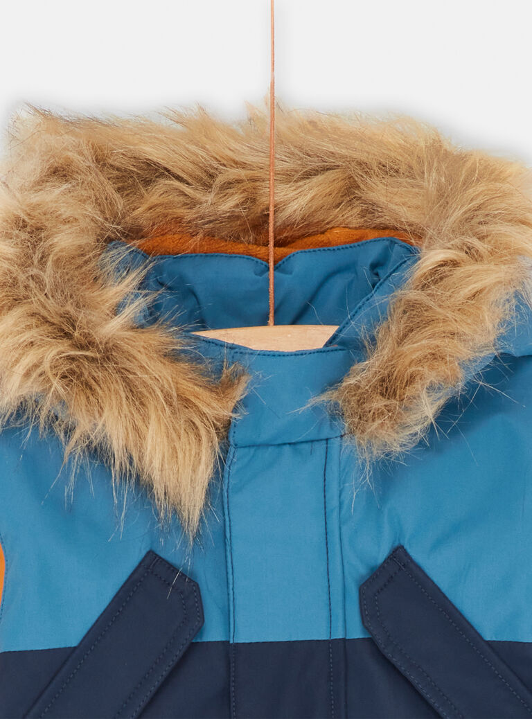 Parka à capuche orange et bleu