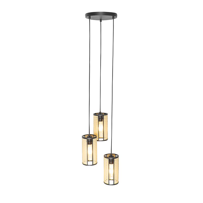 Oosterse hanglamp zwart met rotan 3-lichts rond - Akira