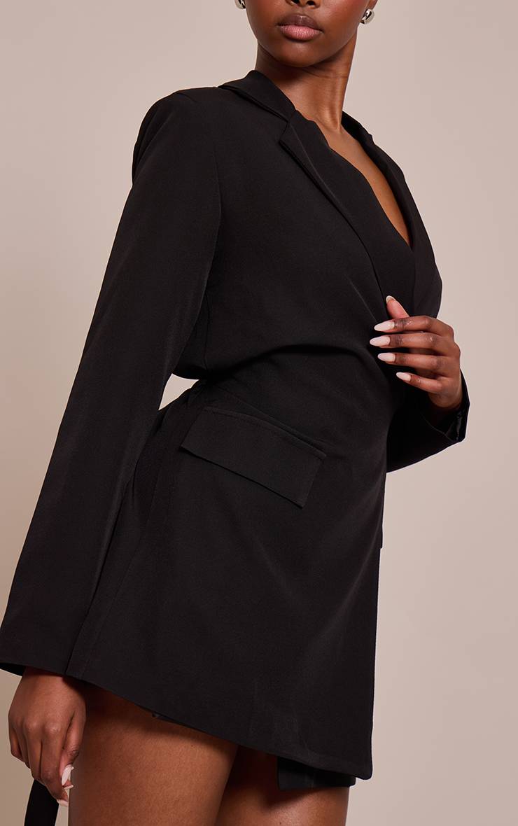 Noir Robe Blazer Tissée À Nouer À La Taille