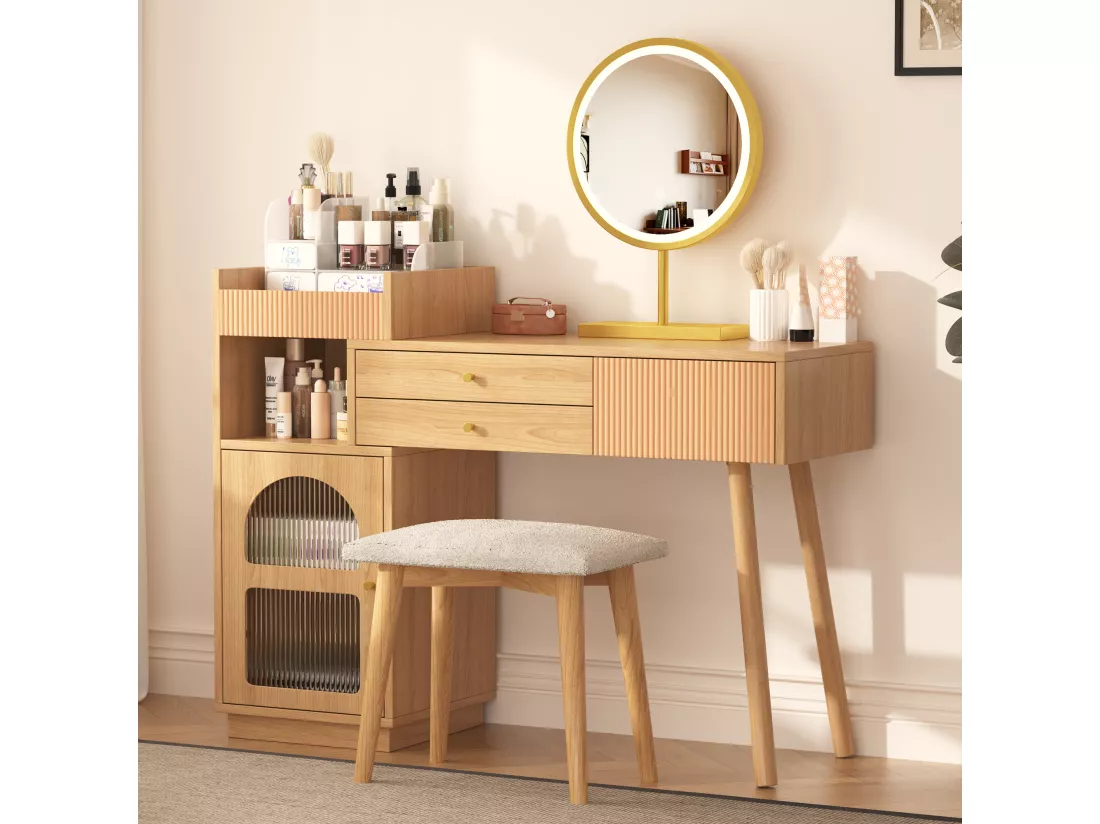 Coiffeuse avec miroir à LEDs avec 3 tiroirs et armoire latérale - Panneaux de particules - Naturel