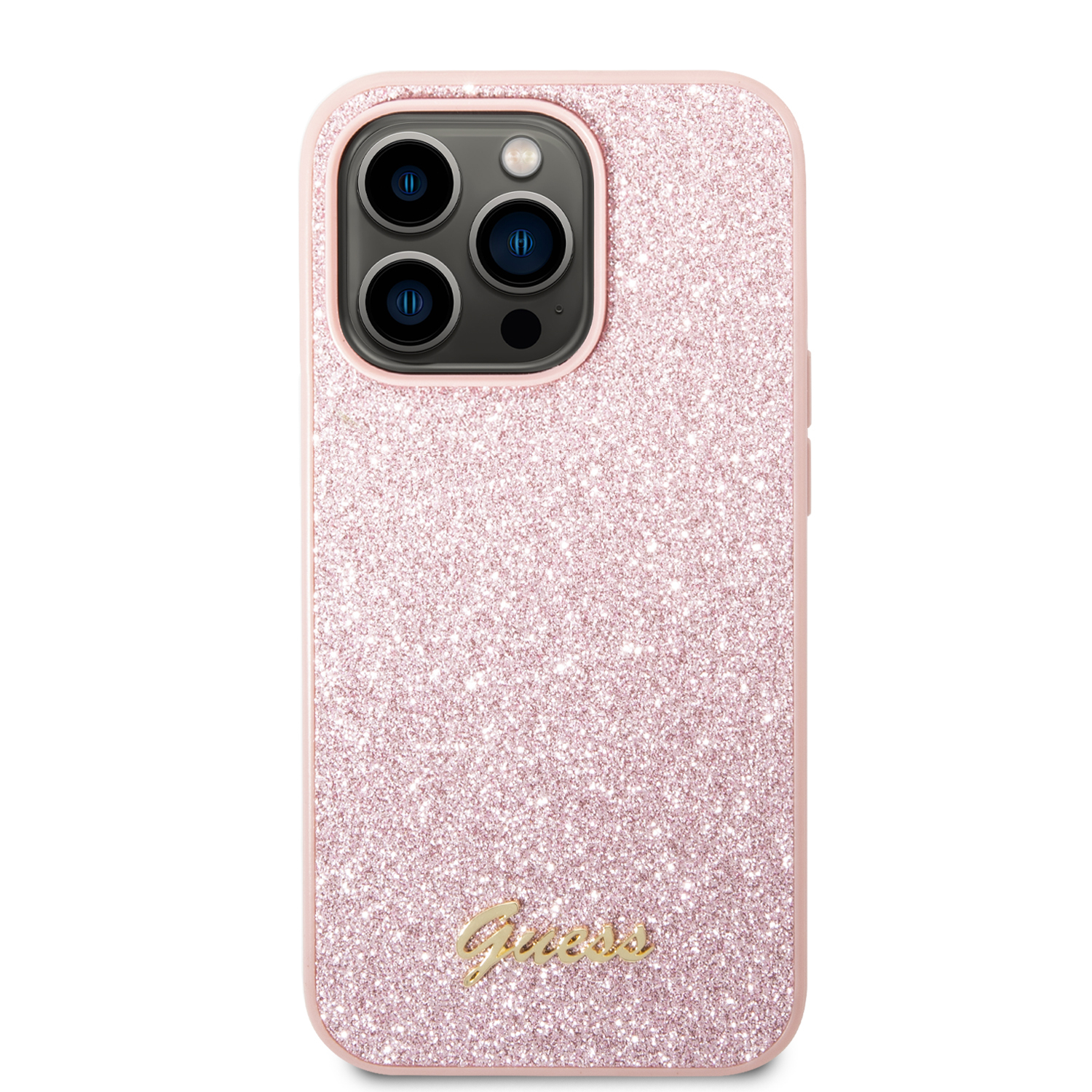 iPhone 14 Pro Max Hardcase Hülle Glitter Script (GUHCP14XHGGSHP) - Rosa / Transparent