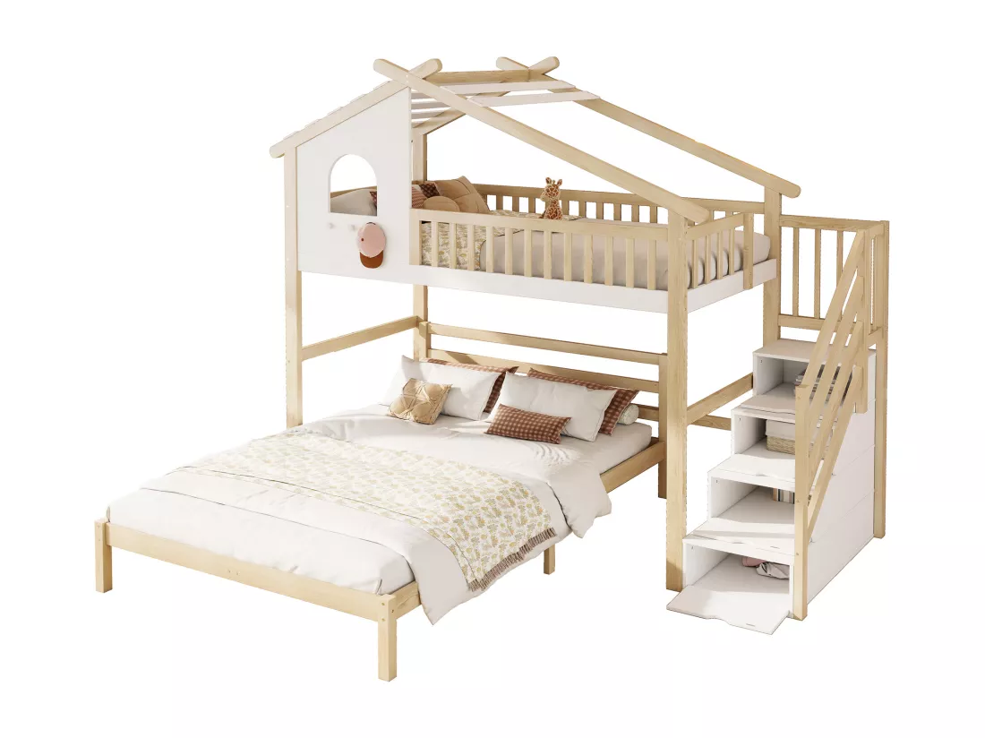 Lit superposé en bois de pin - 90x200cm + 140x200cm - avec échelle de rangement - Blanc & Naturel