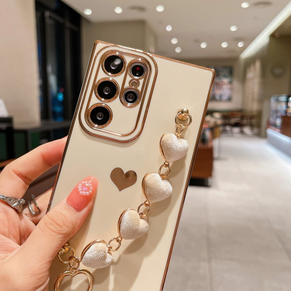 Samsung Galaxy S23 Ultra 5G Gummi Hülle mit Plüsch Herz Kette Handschlaufe   Kameraschutz - Schwarz / Gold