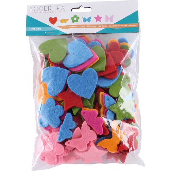 Feutrine sodertex pack fleurs papillons coeurs etoiles 3mm  4 packs 30 pcs