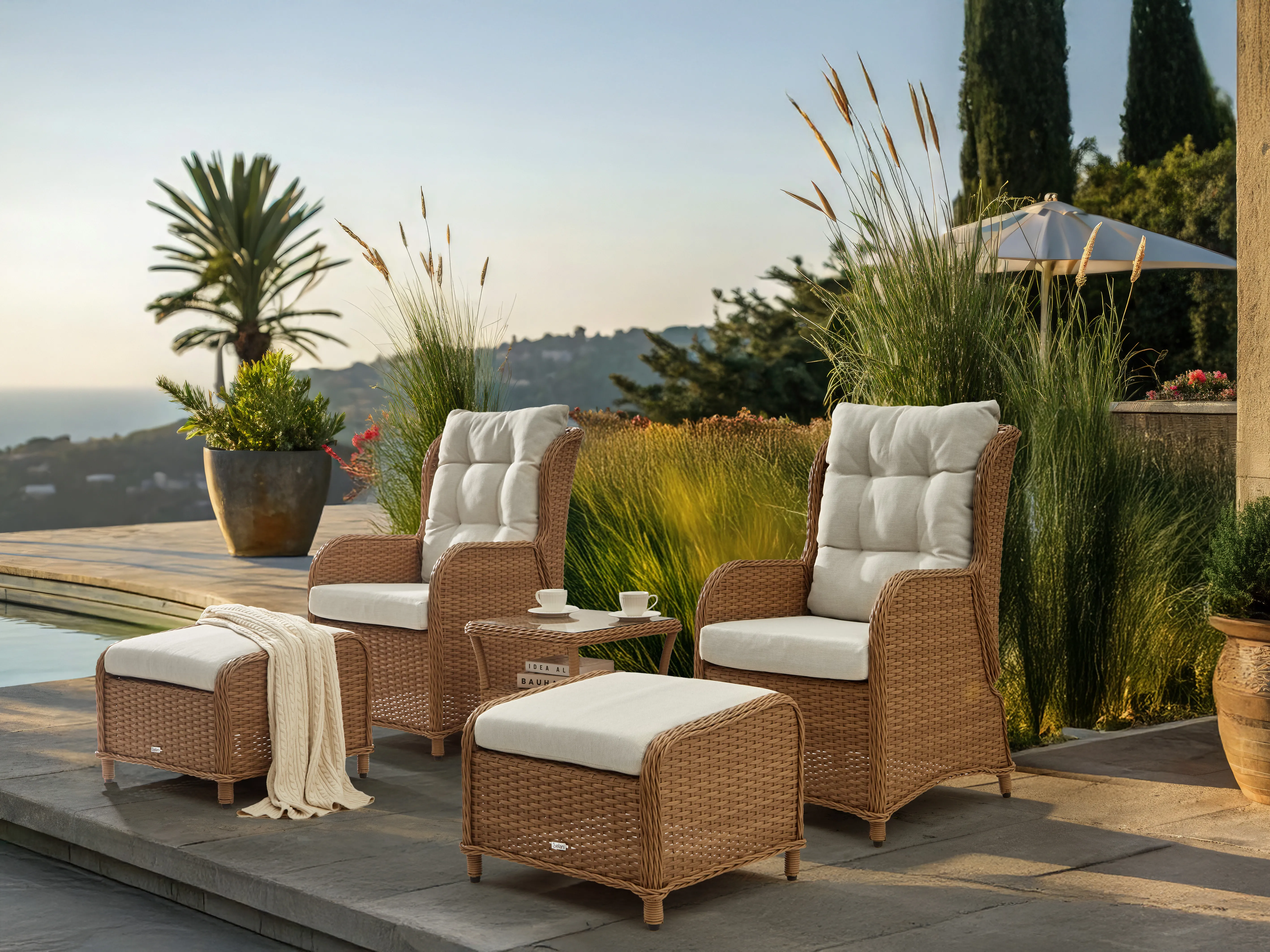 Loungeset met tafel en ottomaan 2-zits PONZA PE rotan Bruin