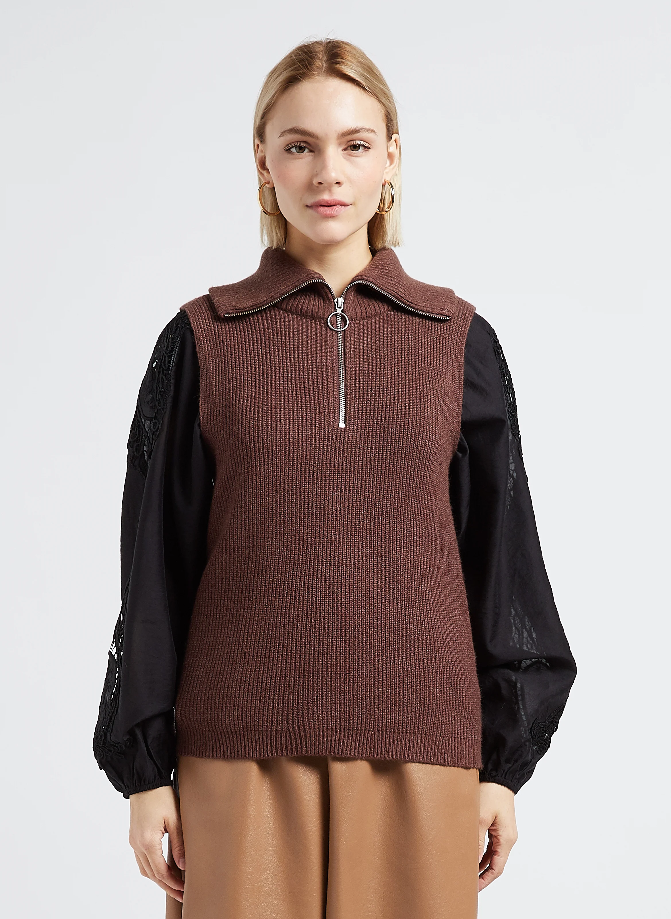 RIL - Pull col camionneur sans manches| Marron