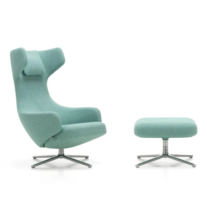 Vitra - Grand Repos Sessel und Ottoman, Dumet zartblau / smaragd (Doppelstichnaht) / Aluminium poliert (Filzgleiter)