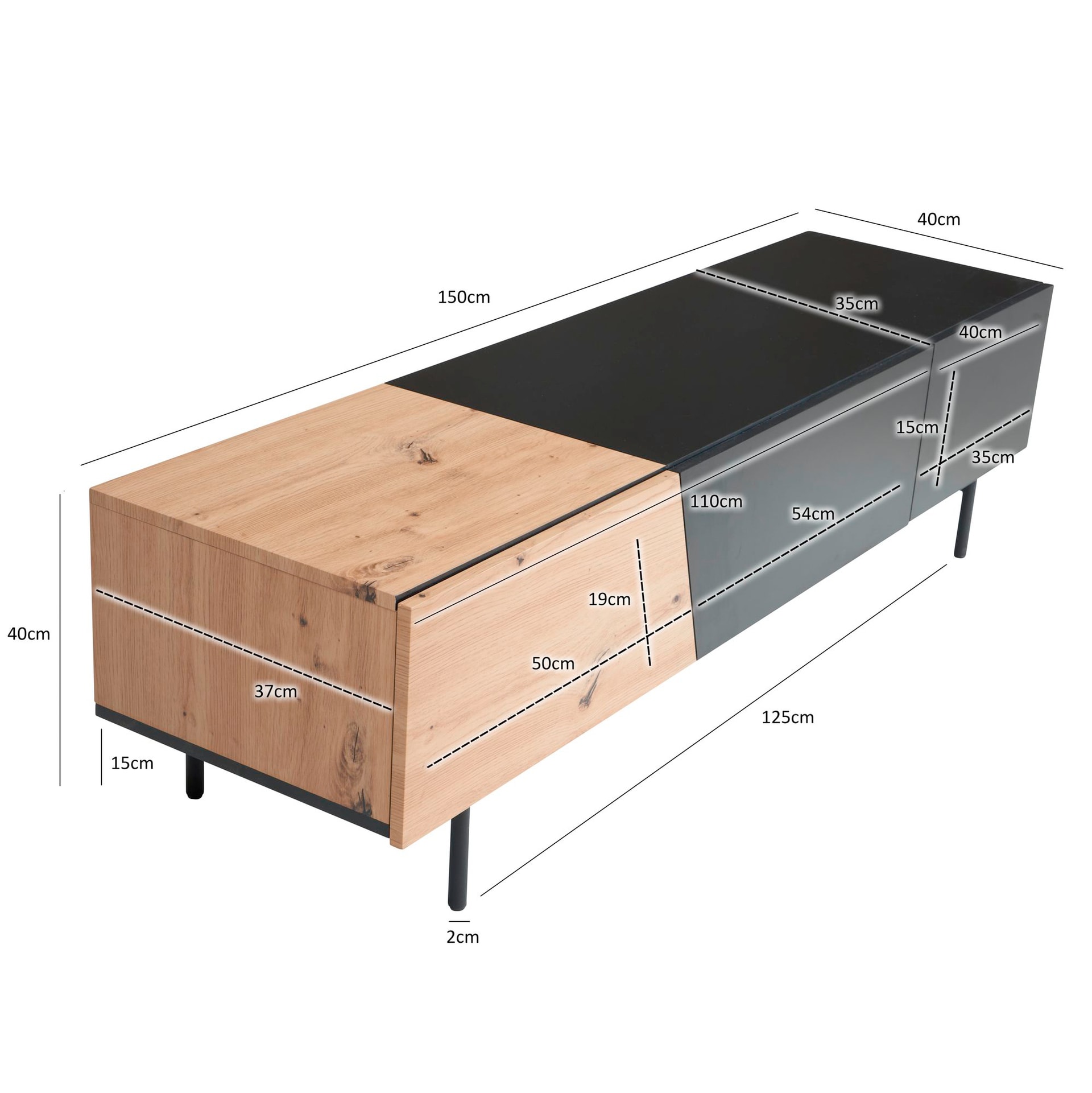 Lowboard 150 x 40 cm Eiche-Dekor/schwarz matt