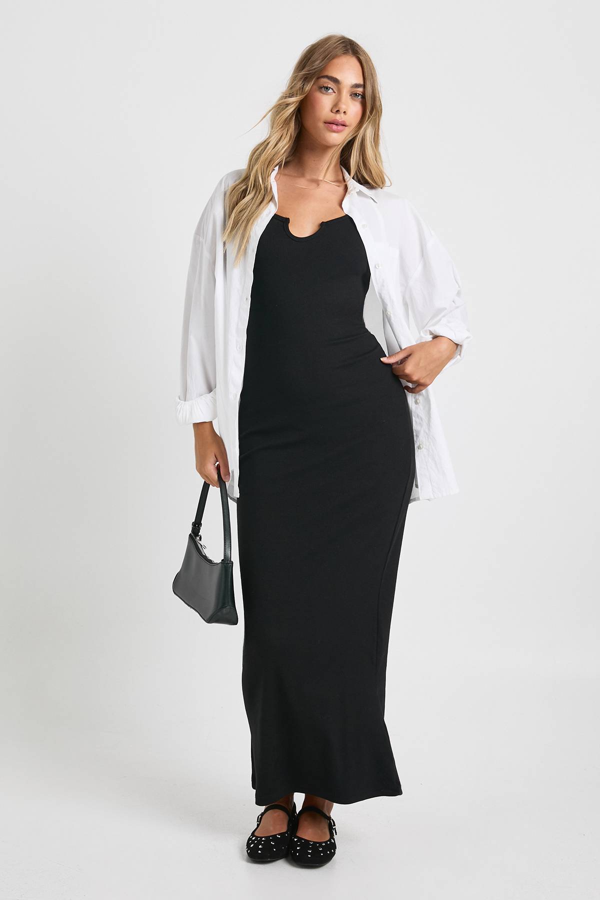 boohoo Maxi robe basique côtelée à encoche