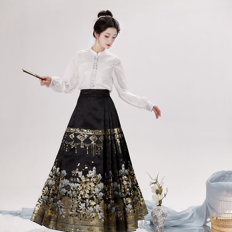 Keiko Girl - Pofmouw Hanfu Top met print / Hoge taille bloemenprint geplooide midi Ma Mian rok / Set