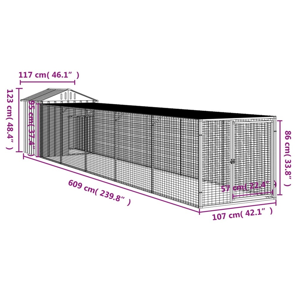 Poulailler avec cour anthracite 117x609x123 cm acier galvanisé