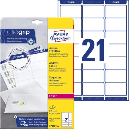Avery Zweckform L7160-40 Adress-Etiketten,A4 mit ultragrip,63,5 x 38,1 mm, 40 Bogen/840 Etiketten, weiß