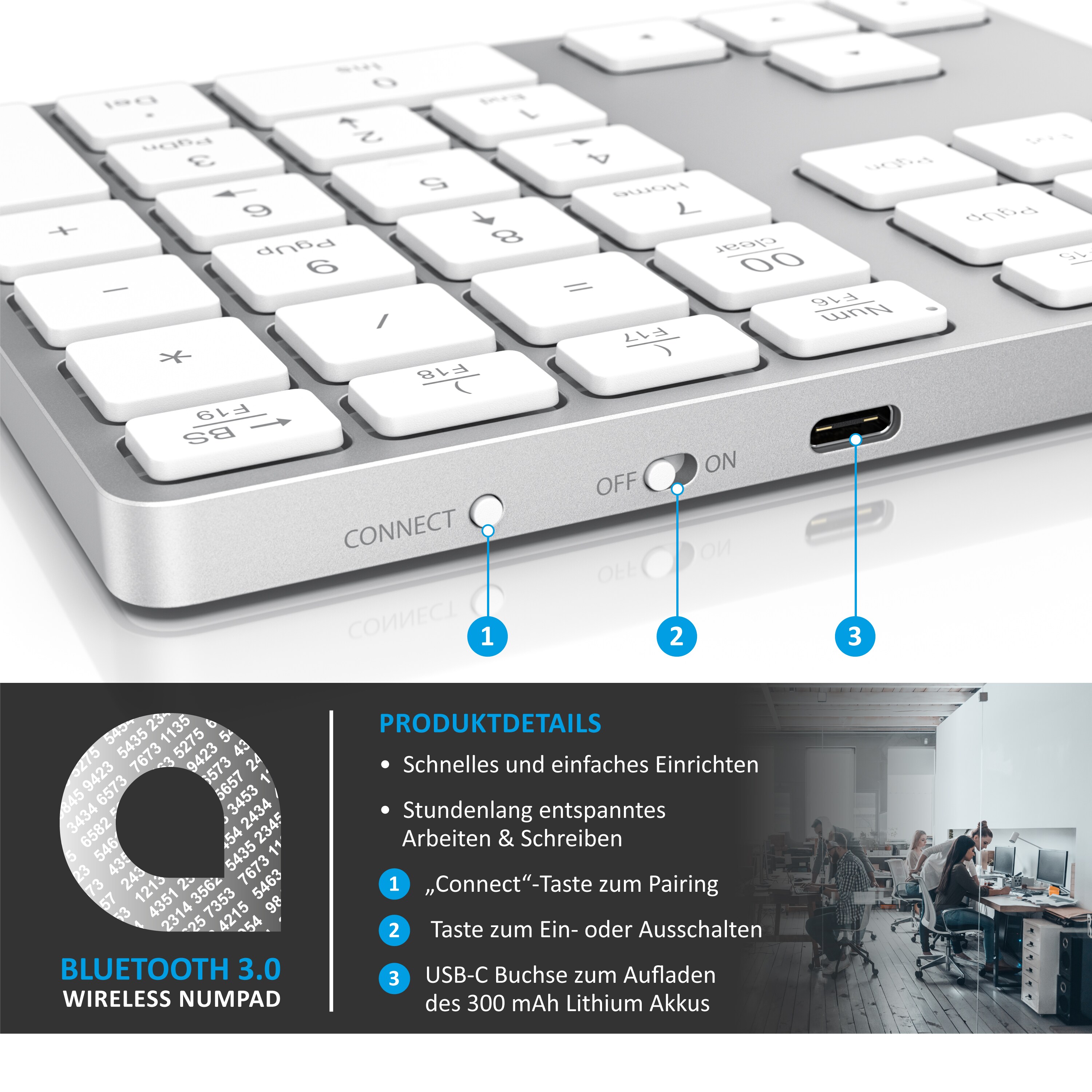 Aplic Bluetooth Numpad - Wireless Ziffernblock mit Multifunktionstasten - Keypad Aluminium - 35 Tasten - Bluetooth 3.0 - Kabellos