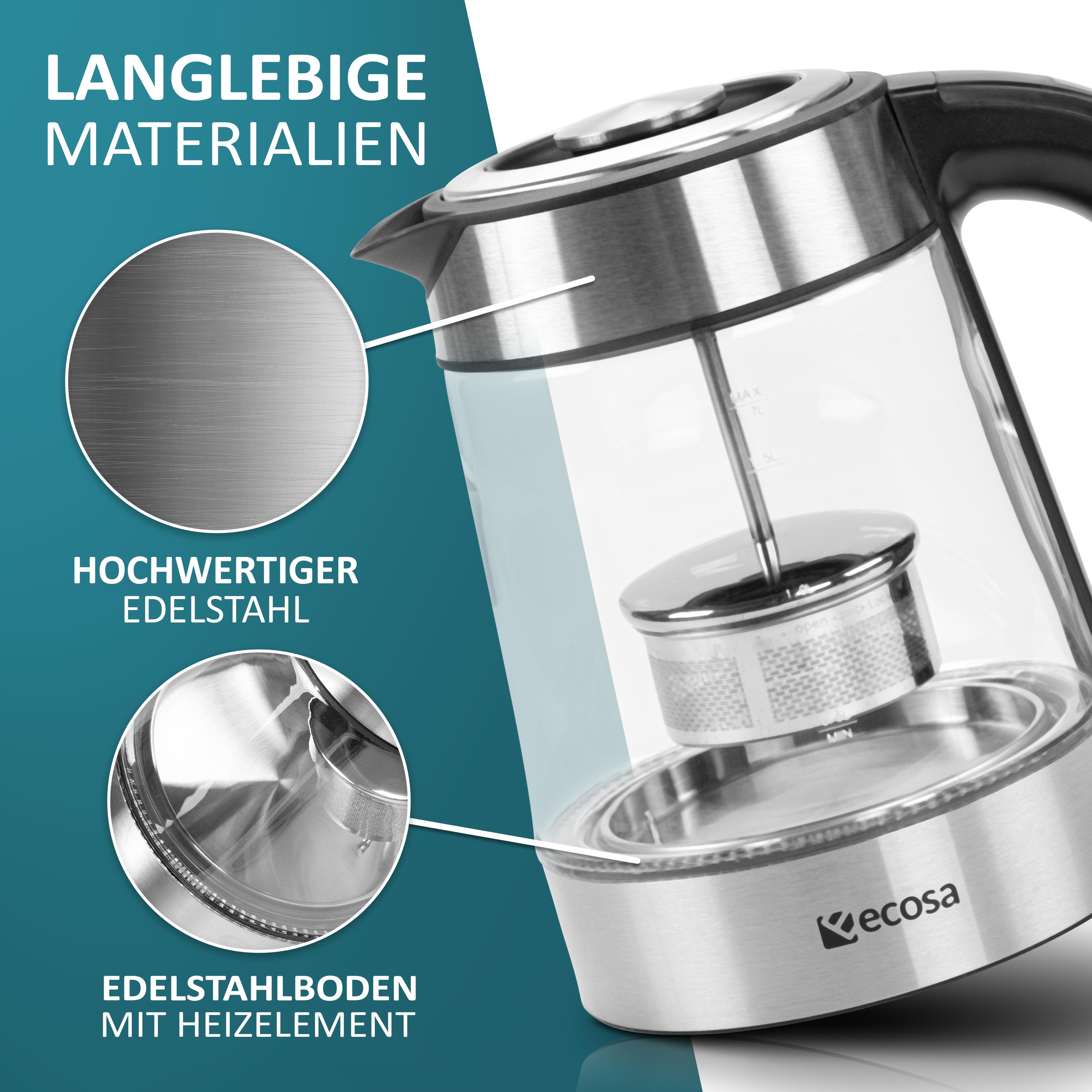 Ecosa Glas Wasserkocher m. Temperatureinstellung Teefilter LED 1.7L