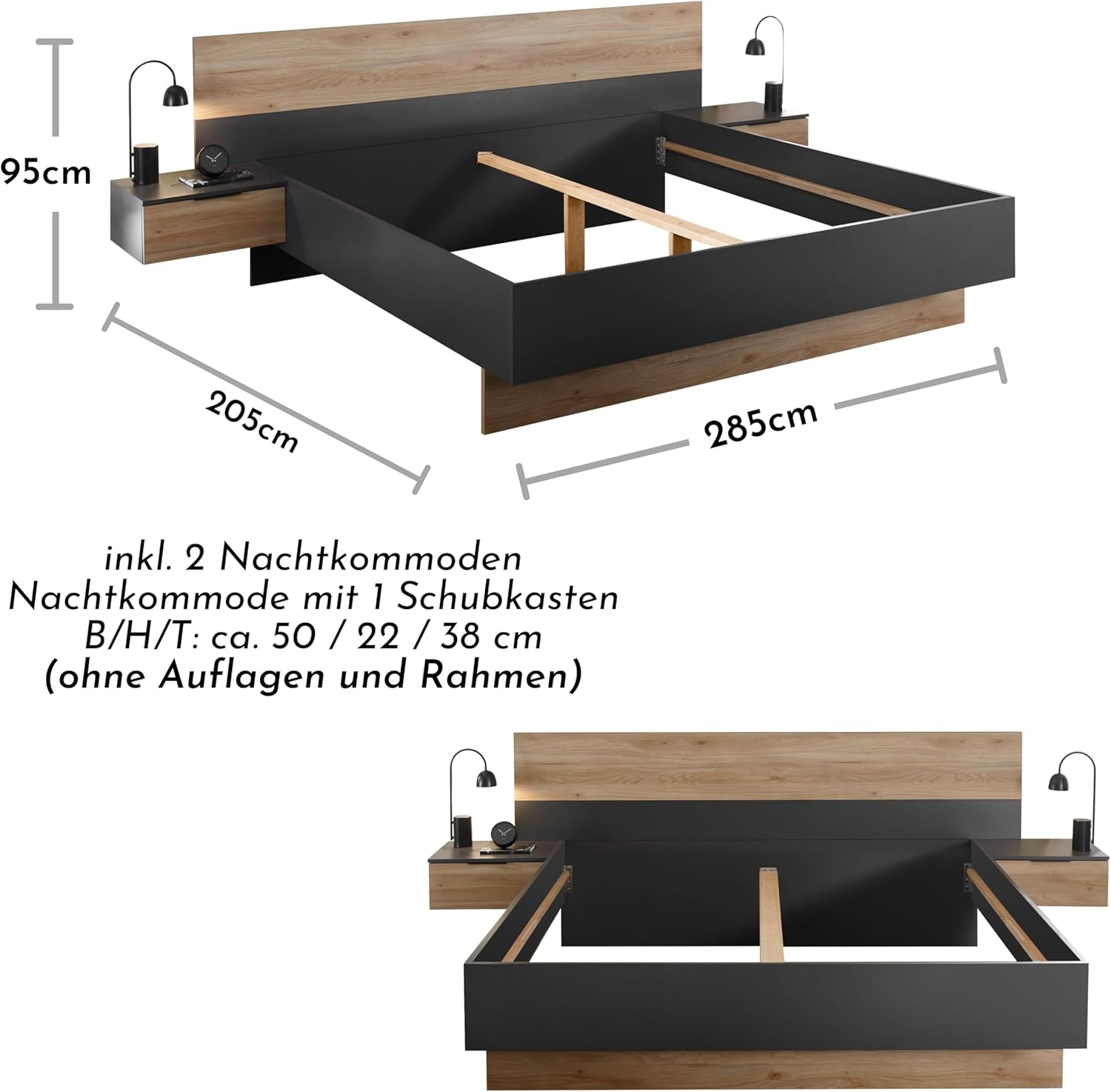 Stella Trading ASKA Stilvolle Doppelbett Bettanlage mit Nachtkommoden 180 x 200 cm - Schlafzimmer Komplett-Set in Graphit, Mauvella Eiche Optik - 285 x 95 x 205 cm (B/H/T)