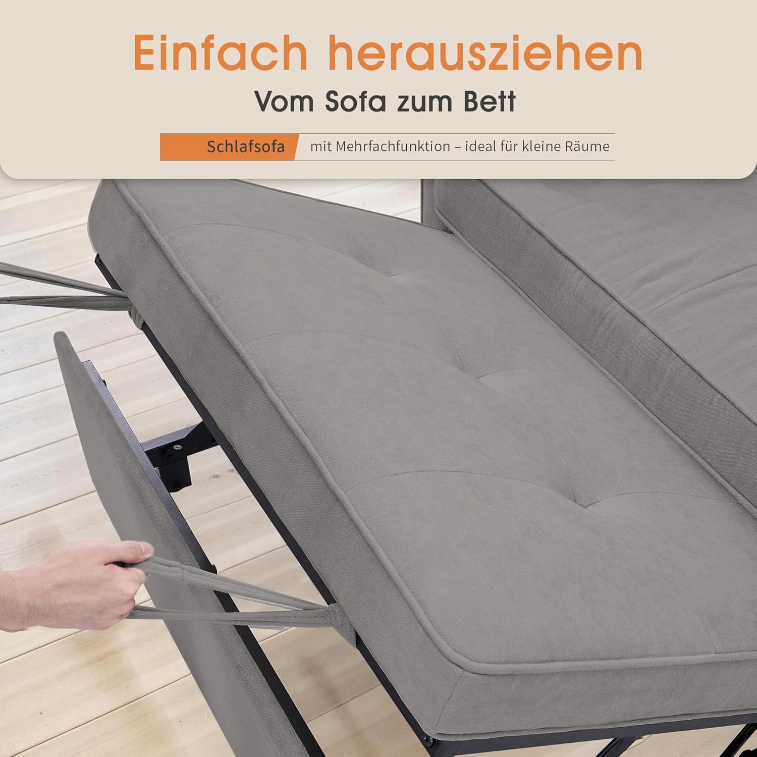 Schlafsofa 186 x 122 cm mit 5-stufig Verstellbarer Rückenlehne, 3-in-1 Schlafcouch mit Kissen und Seitentasche, hellgraues Leinen-Sofa für Gästezimmer & kleine Räume