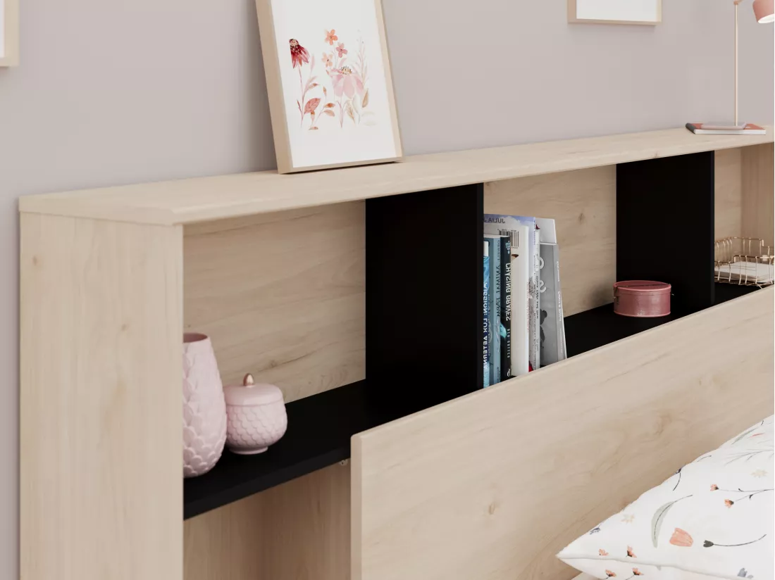 Tête de lit avec rangements 140 cm - Coloris : Naturel et noir - KINSELIA