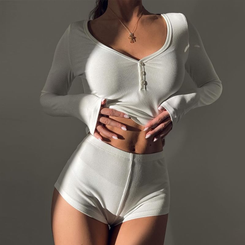 Bolibio - Set: Lange mouwen V-hals effen cropped T-shirt + hotpants
