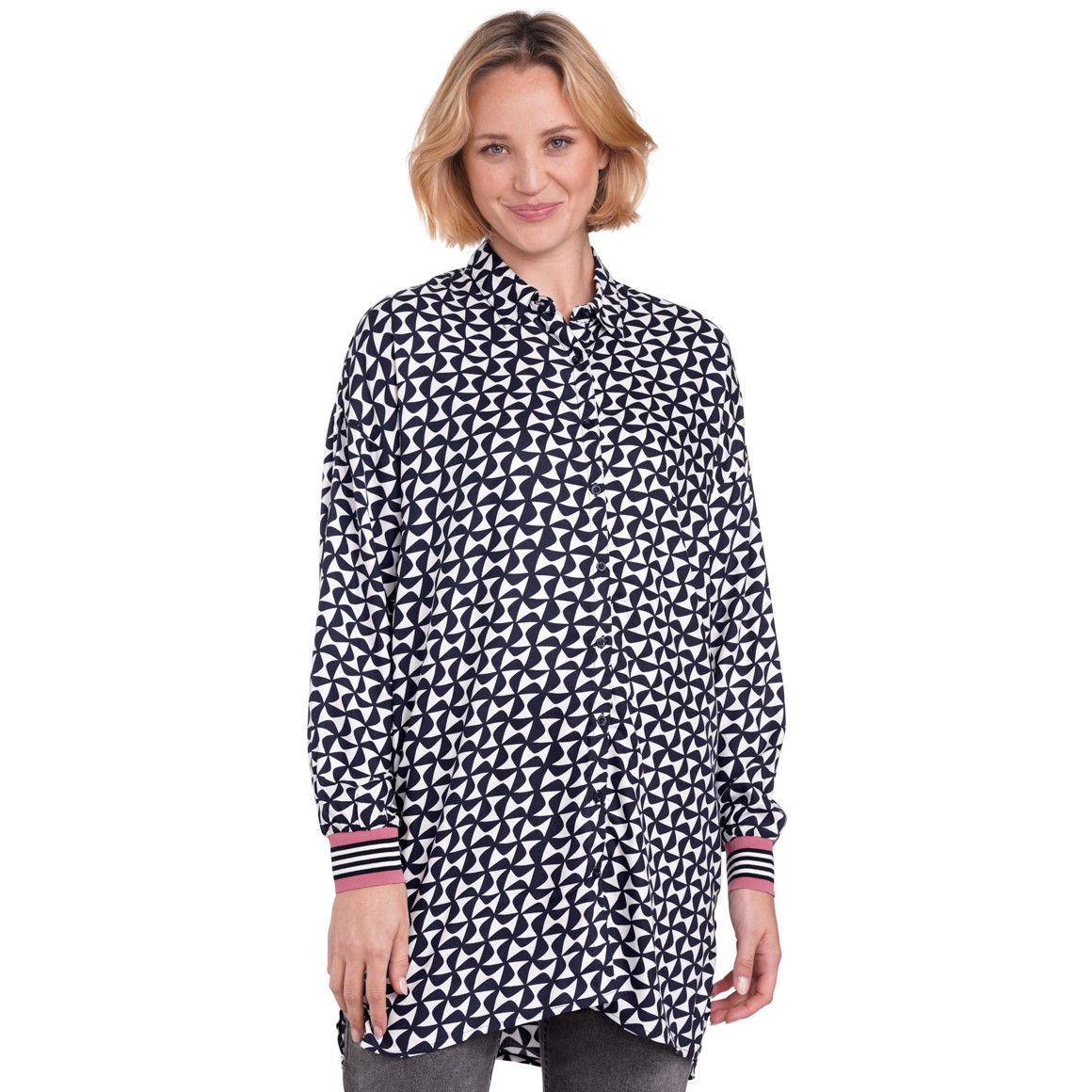 Gina Benotti Damen Longbluse mit Allover-Muster dunkelblau / weiss