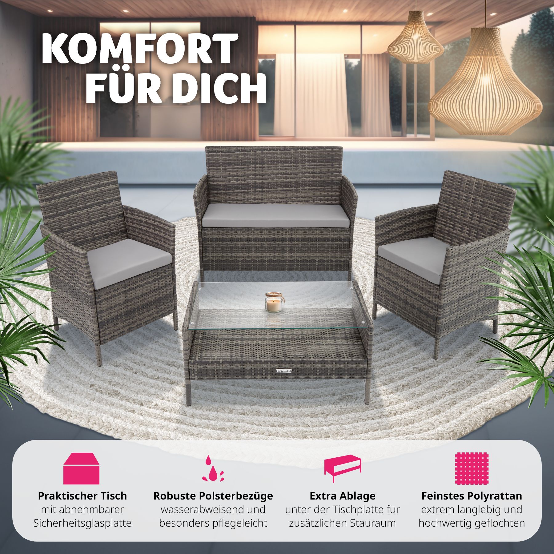tectake® Rattan Sitzgruppe, für 4 Personen, UV-beständig, einfacher Aufbau