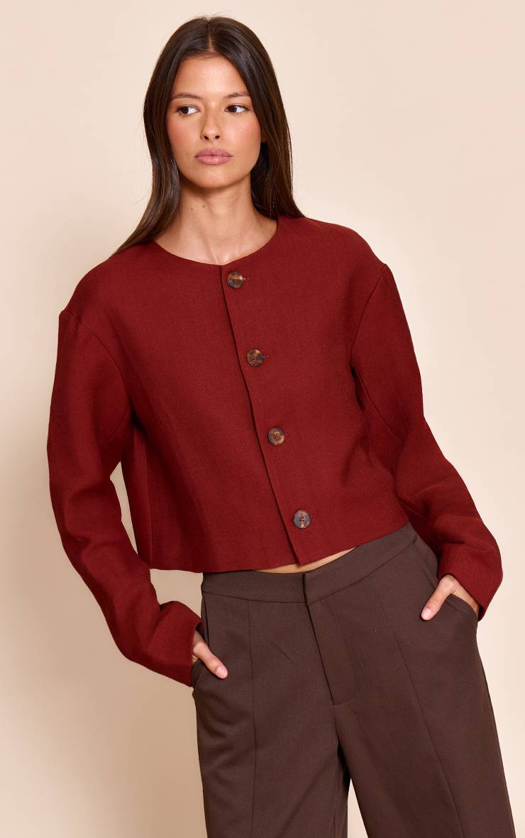 Rouille Veste Ample Boutonnée Aspect Lin