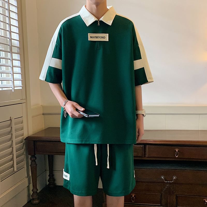 Obikan - Set: Poloshirt met korte mouwen, geborduurd logo, halve rits en korte broek met trekkoord in de taille