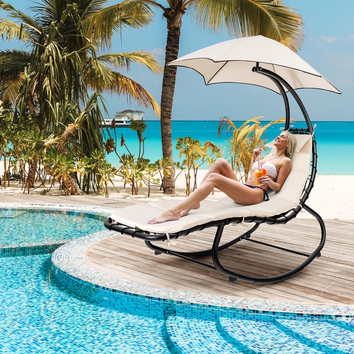Bain de Soleil à Bascule Transat Suspendu avec Pare-Soleil&Coussin Hamac Charge 150KG 189 x 186 x 90cm Beige - Lidl-Manfred