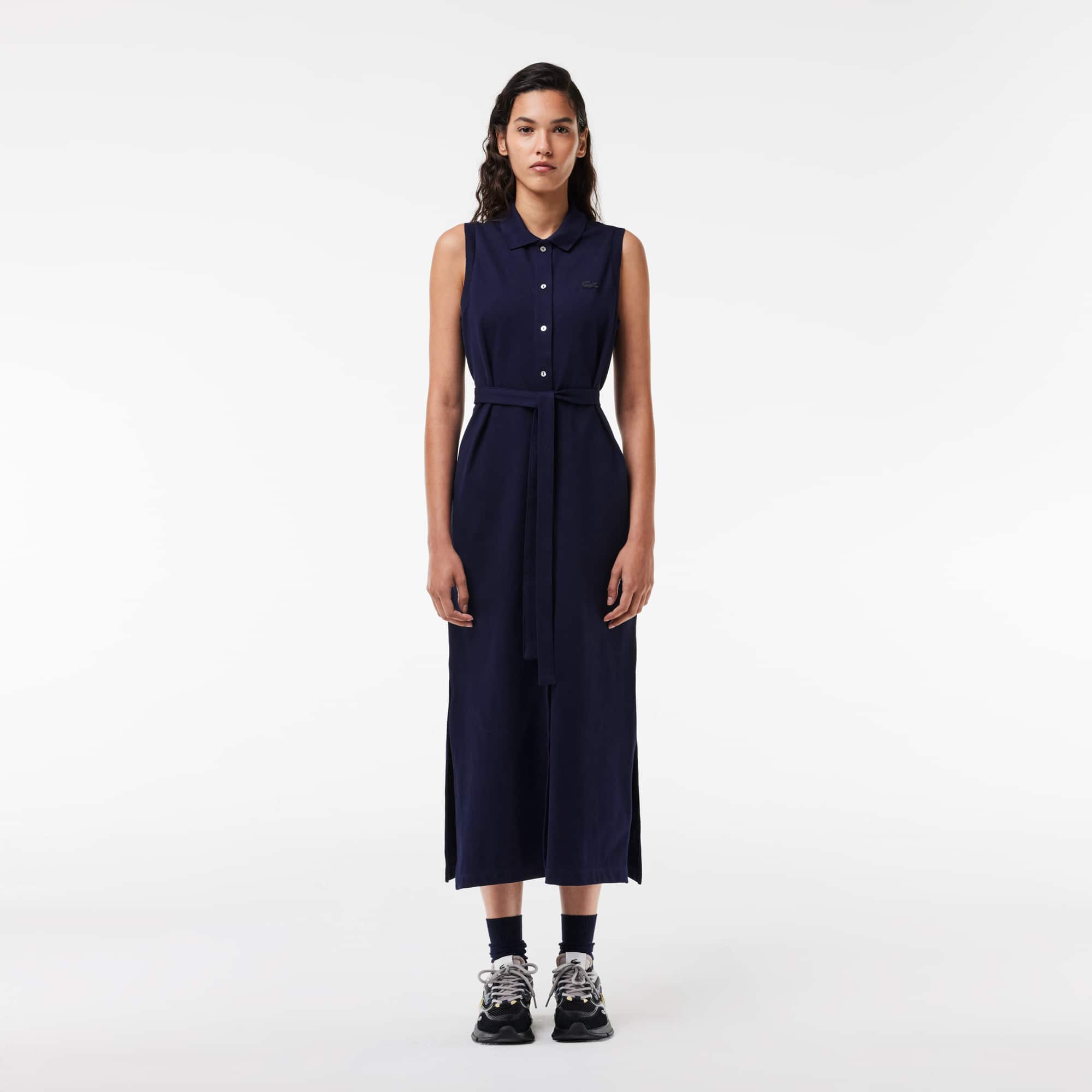 Robe polo longue sans manches en piqué de coton stretch Robes & Jupes - Bleu - Lacoste - Femme
