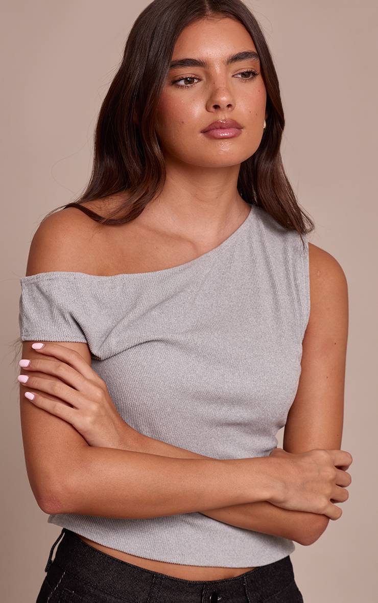 Gris Chiné Haut Long Côtelé Brossé Doux À Encolure Asymétrique