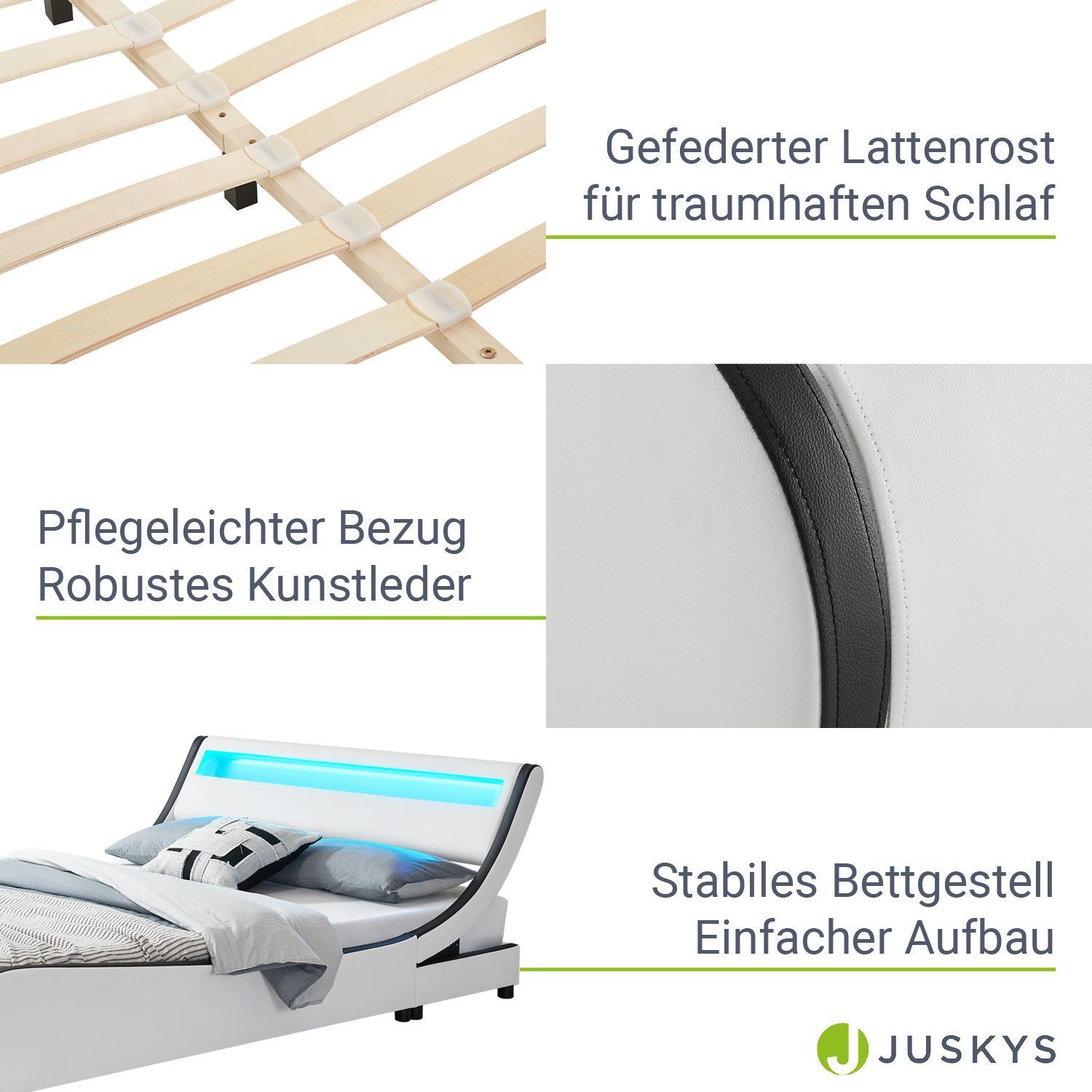Juskys Polsterbett Bett Valencia 180 x 200 cm weiß mit Kaltschaummatratze Doppelbett mit LED