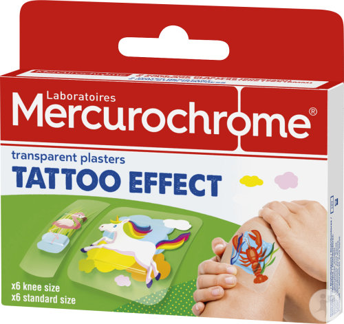Mercurochrome Pansements Enfants Tattoo 6 Pièces Genou 60x60mm + 6 Pièces Standard 72x19mm