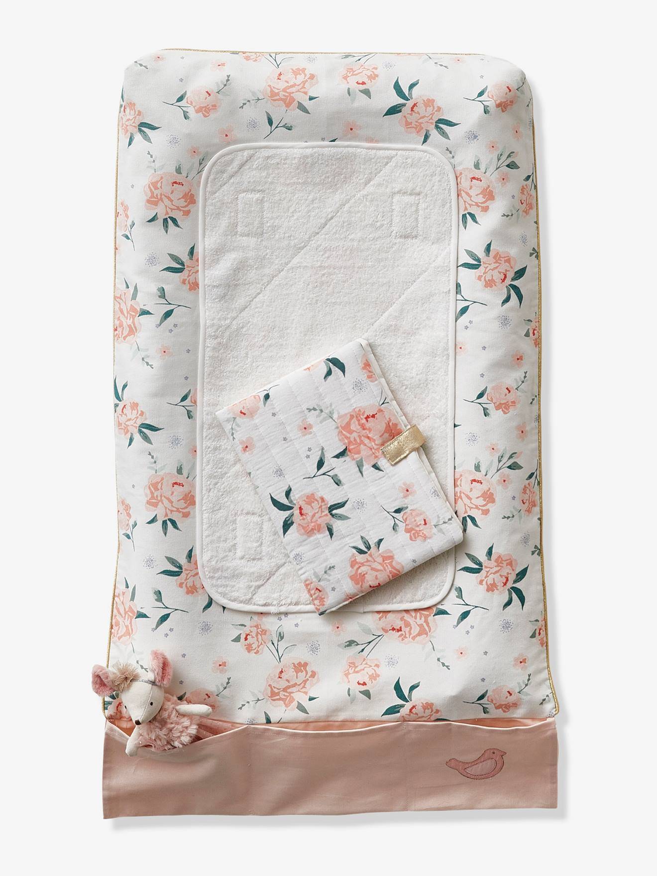 Tapete para troca de fraldas Eau de Rose, branco claro, liso com estampas.