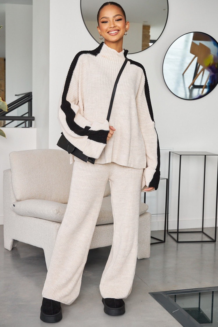 Ensemble 2 pièces pull + pantalon en maille beige/noir