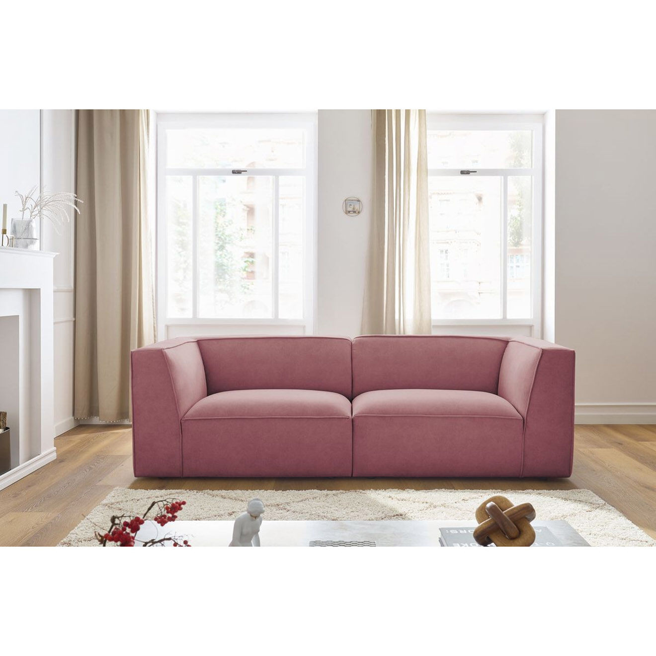 Bobochic Canapé droit fixe 3 places en Velours Molière rose - 233x99x71 cm