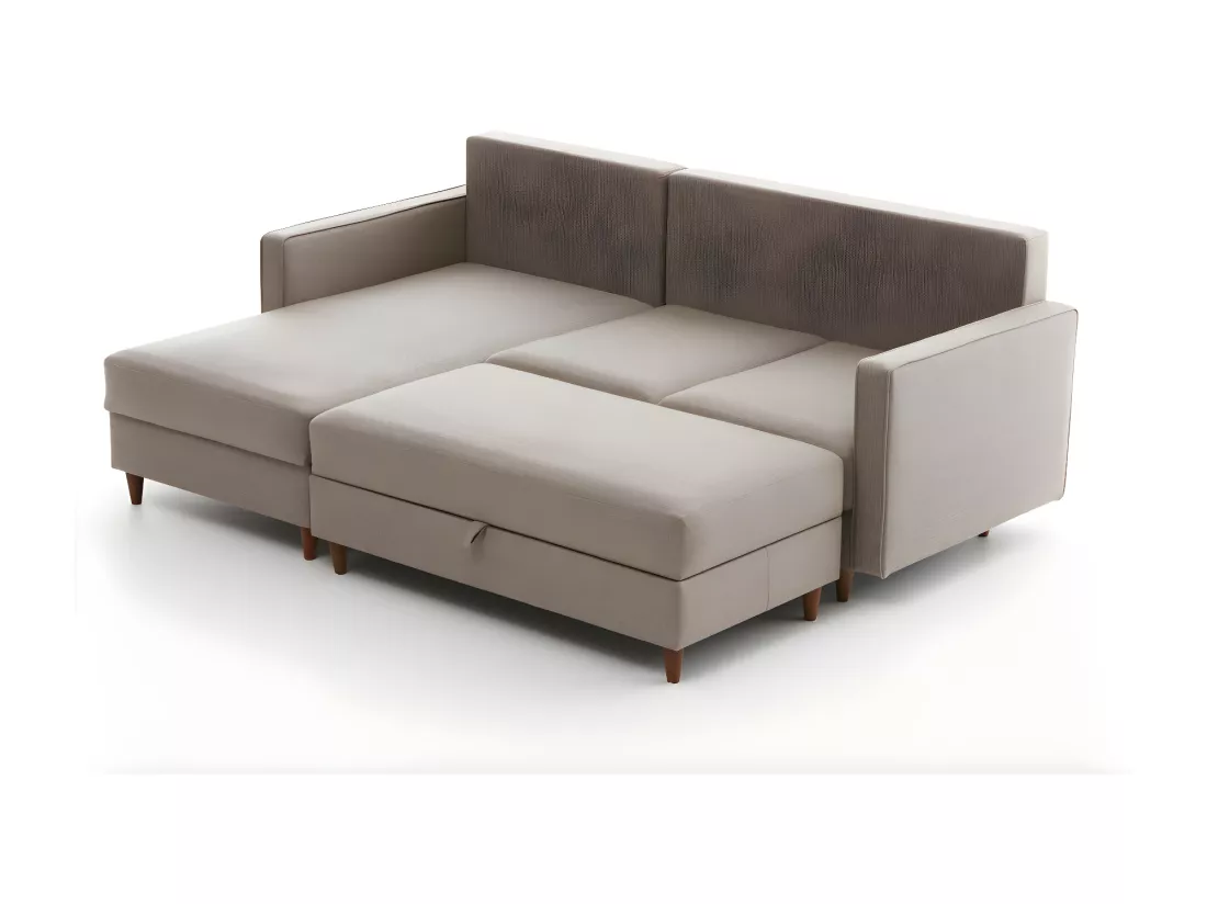 Canapé d'angle à gauche convertible avec pouf-coffre Evania Tissu Taupe