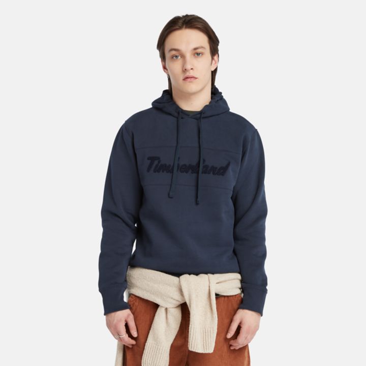 Moletom com capuz e estampa cursiva para homens na cor azul marinho.