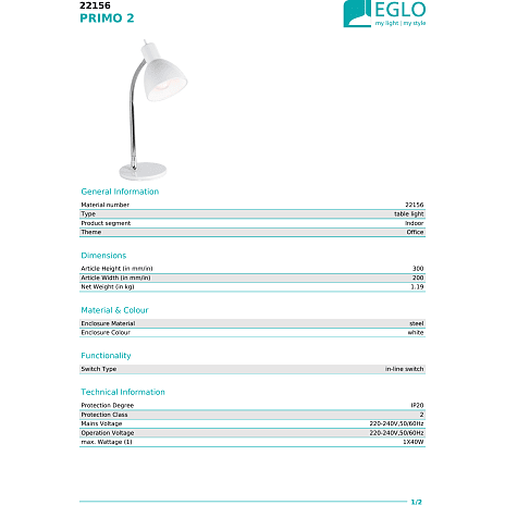 Primo 2 bordlampe - hvid