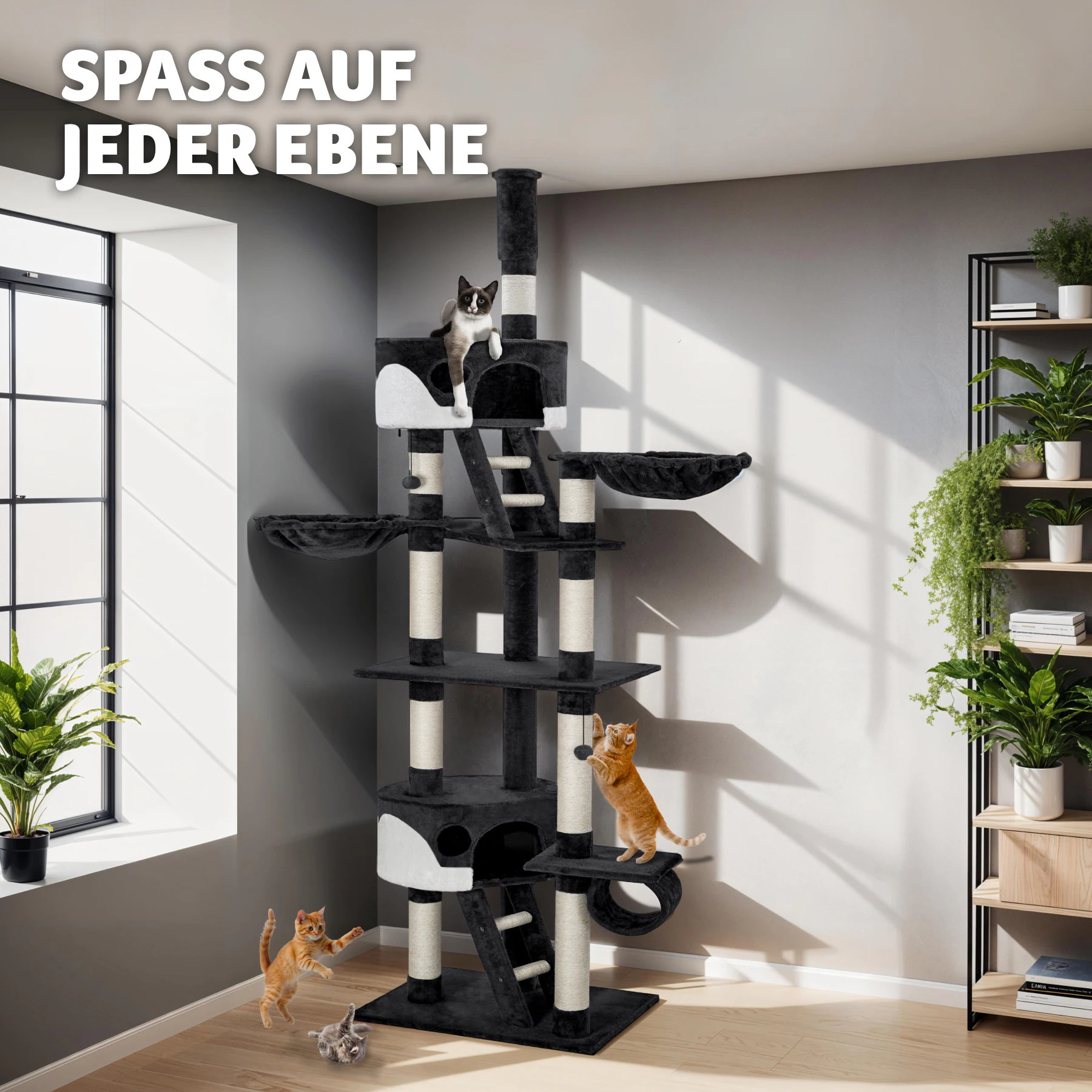 tectake® Kratzbaum, 243 bis 260 cm, mit 2 Katzenhäusern, inklusive 2 Treppen, 2 Spielbällen, Deckenspanner und Kippschutz