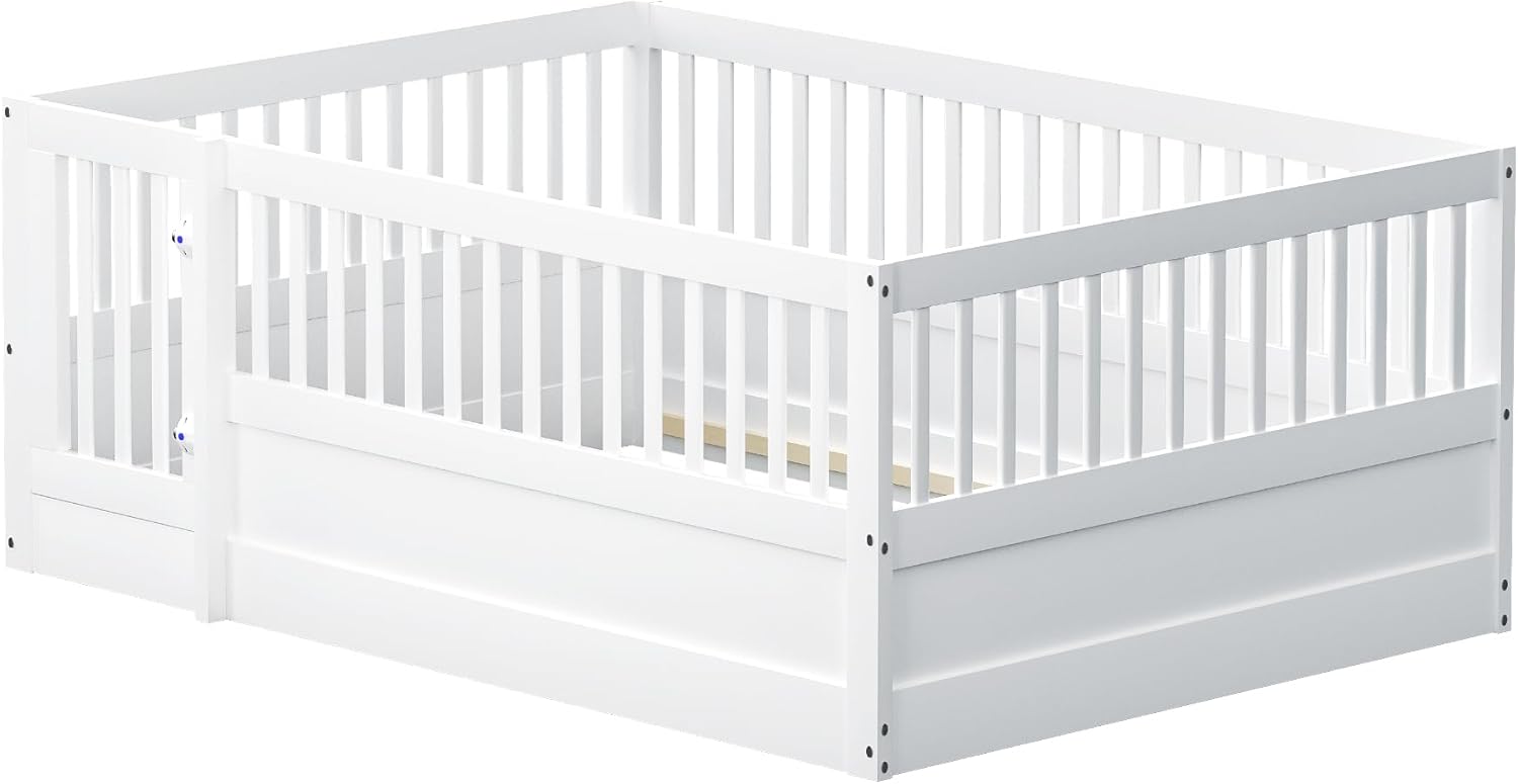 Kinderbett 140x200 cm, Bodenbett mit Gitter und Tür, Holzbett Bettgestell ohne Lattenrost, Bett für Kinder Jungen Mädchen (Ohne Matratze) Weiß