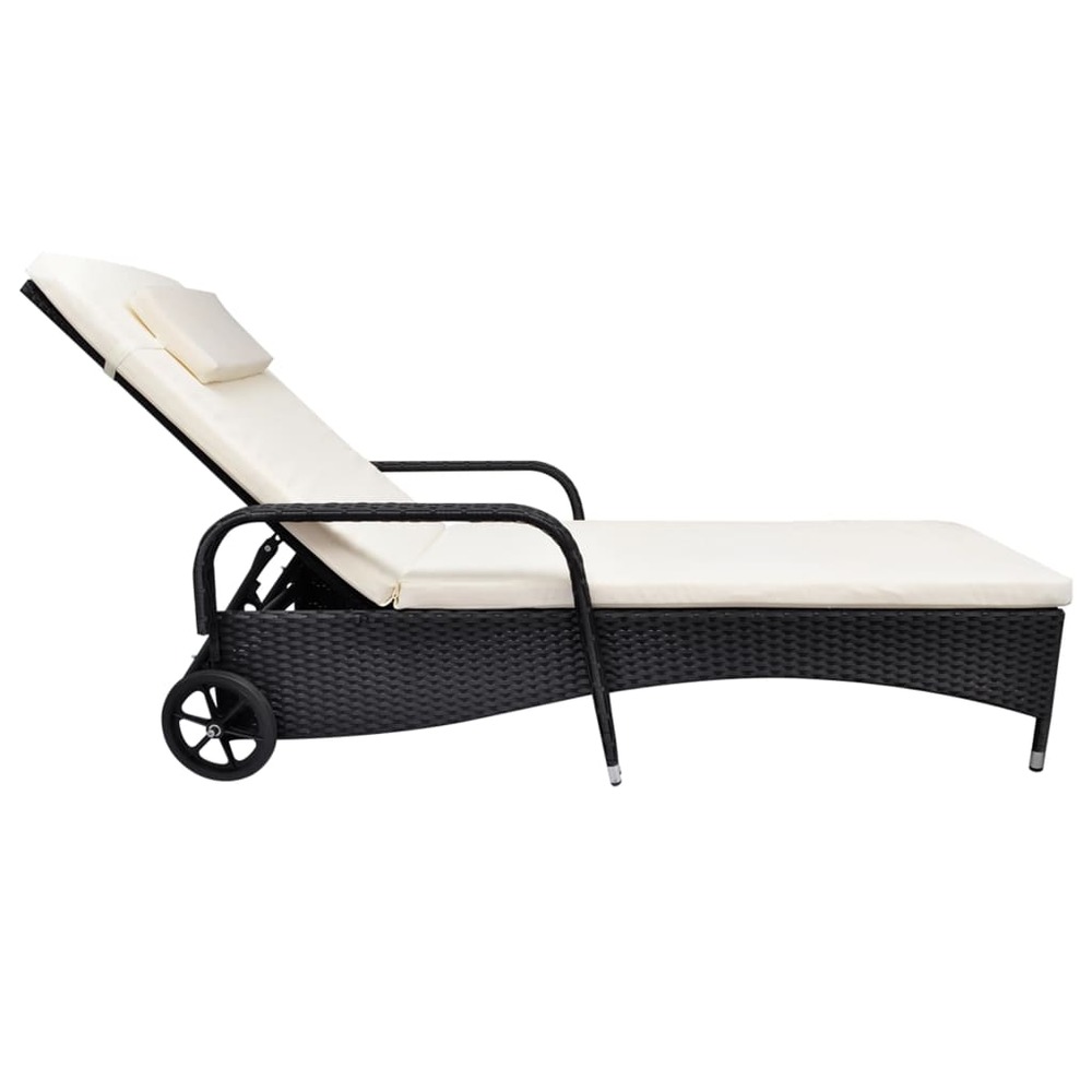 Transat chaise longue bain de soleil lit de jardin terrasse meuble d'extérieur avec coussin et roues résine tressée noir 02_0