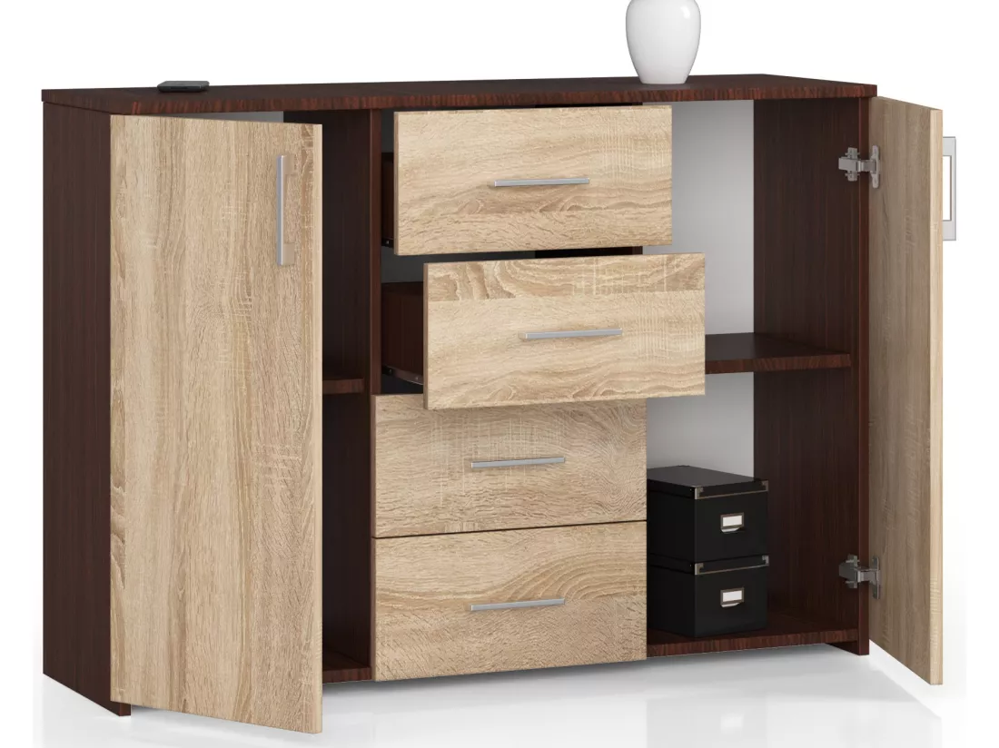 Commode AKORD K45 Wengé 110 cm 2 portes 4 tiroirs façade Chêne Sonoma 4 étagères 110x35x80 cm
