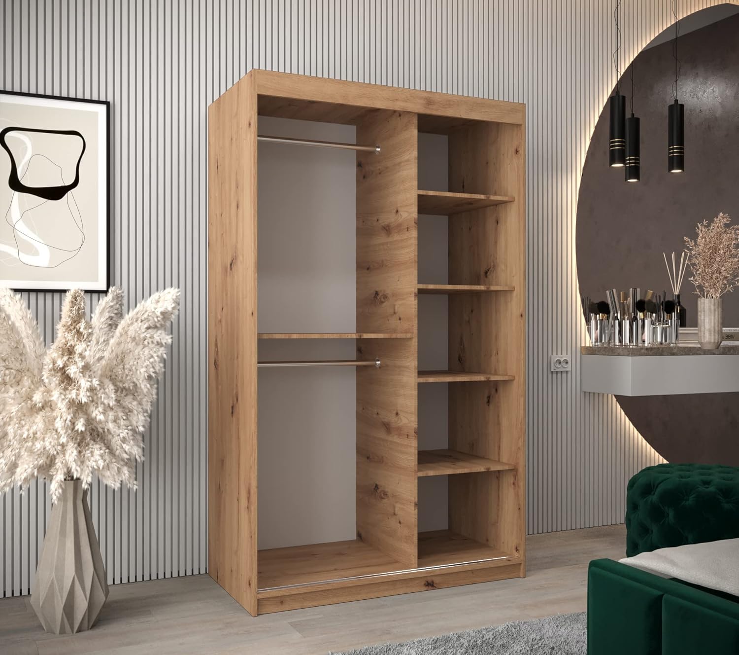 Kryspol Schwebetürenschrank York 120 cm Kleiderschrank mit Kleiderstange und Einlegeboden Schlafzimmer- Wohnzimmerschrank Schiebetüren Modern Design (Artisan Eiche)
