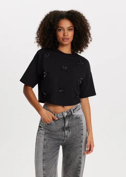 Cropped t-shirt met strikjes zwart (ZWART)