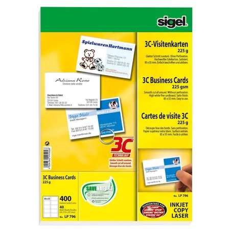 Sigel LP796 Visitenkarte unbedruckt, DIN A4, 85 x 55 mm, matt, 225 g/qm, 40 Blatt/Packung