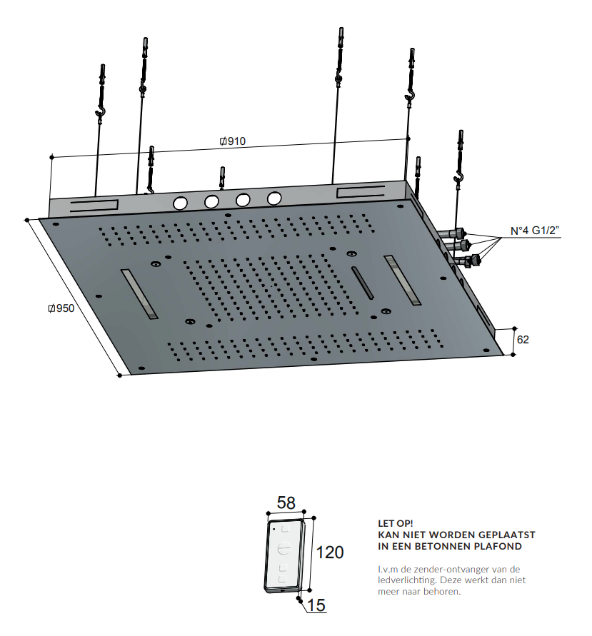 Hotbath Mate M173 inbouw hoofddouche met LED, waterval en spray 95cm geborsteld nikkel
